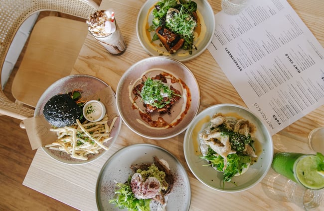 A flatly of plates of food on a table at Mint Folk and Co in Twizel.