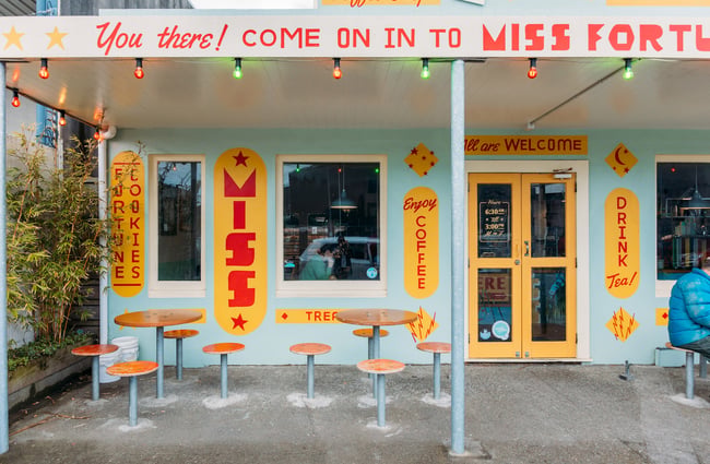 Fun and colourful retro exterior of Miss Fortune's cafe in Lower Hutt