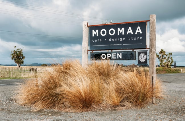 The street sign directing people to MOOMAA Cafe and Design Store in Rangitikei.