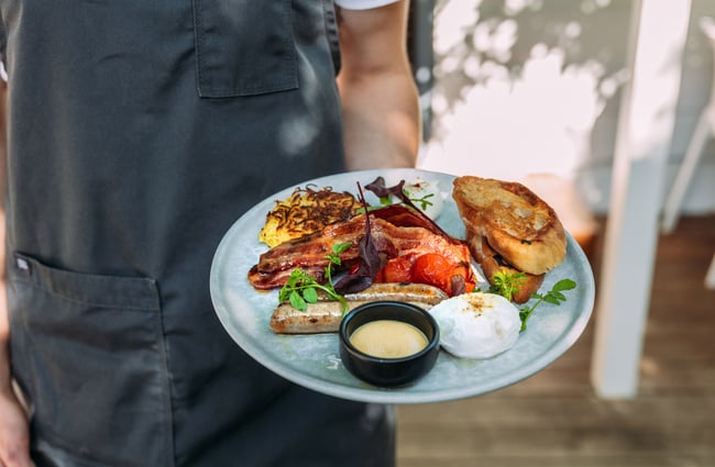 A hand holding a plate of food.