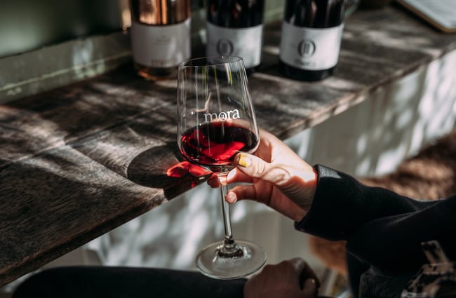 A hand holding a glass of red wine.