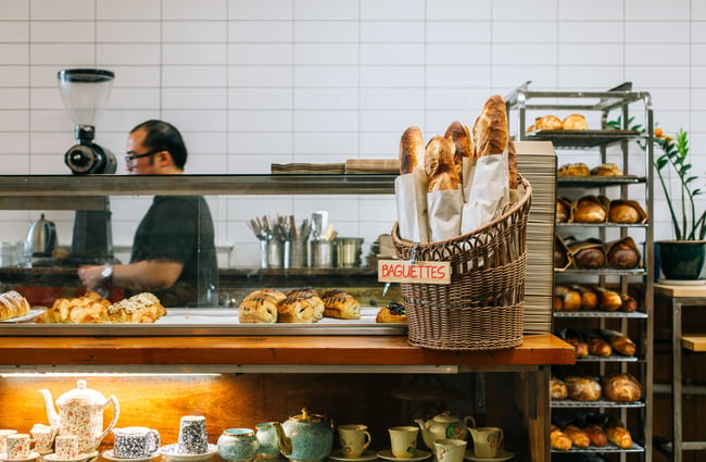 Close up of baguettes for sale at Mr T's Baked Goods and Eatery, Auckland.