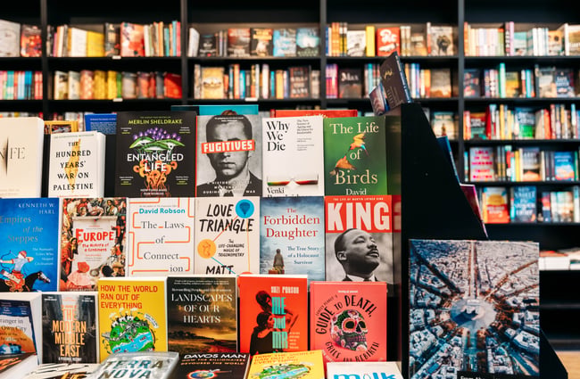 A close up of books on shelves.