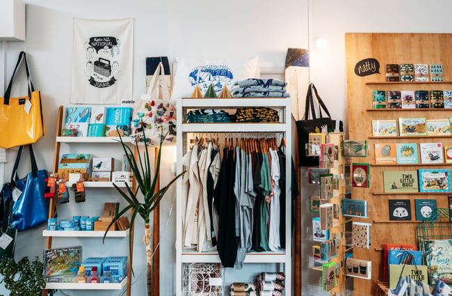 Clothes and gifts on display.