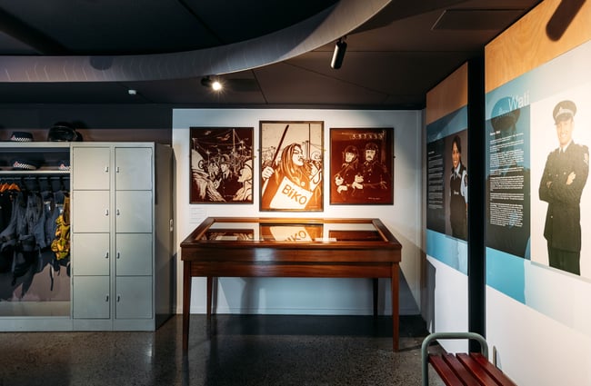 Pictures on a wall inside a museum.