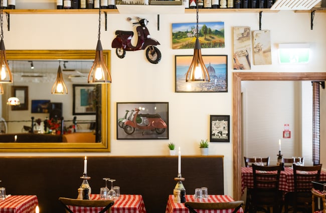 Mirror and artwork on the walls, and lighting fixtures at Nicolini's.
