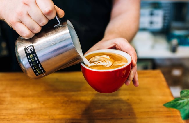 Steamed milk being poured into coffee cup.