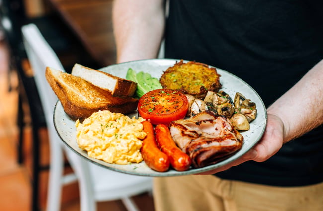 Full English breakfast on a plate.