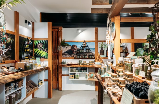 Products sitting on shelves and display tables at NZ Native Oils.