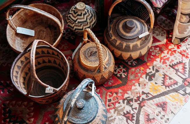 Close up of Moroccan-inspired baskets on floor of Oásis in Ōamaru