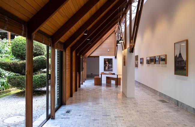 The sloping ceiling inside Objectspace Christchurch.