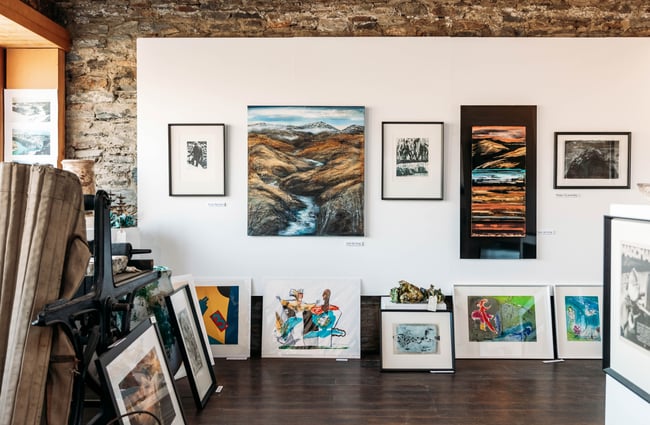 Paintings, prints and exhibits on display in OCTA Gallery in Cromwell Heritage Precinct.