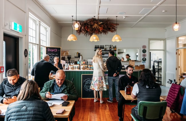 Customers ordering at the front counter at Old Courthouse Eatery.