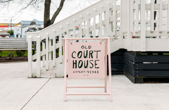 Signage board outside Old Courthouse Eatery.