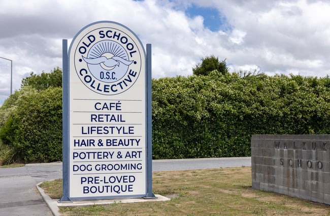 Streetside signage for the Old School Collective in North Canterbury.