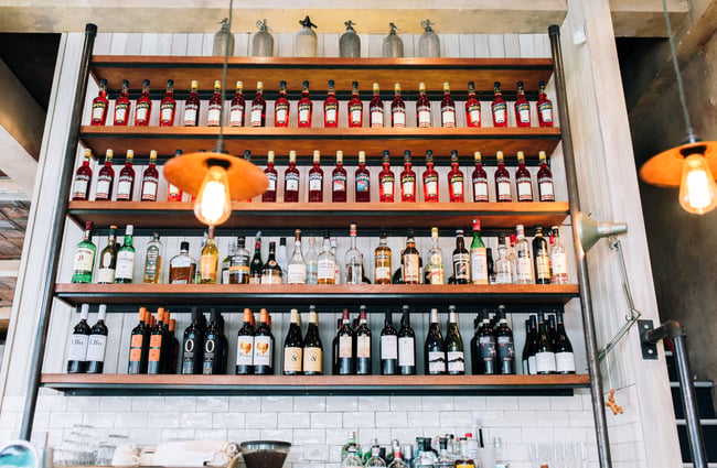 Bottles of liquor on a shelf.