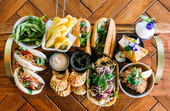 Birdseye view of Asian fusion platter.