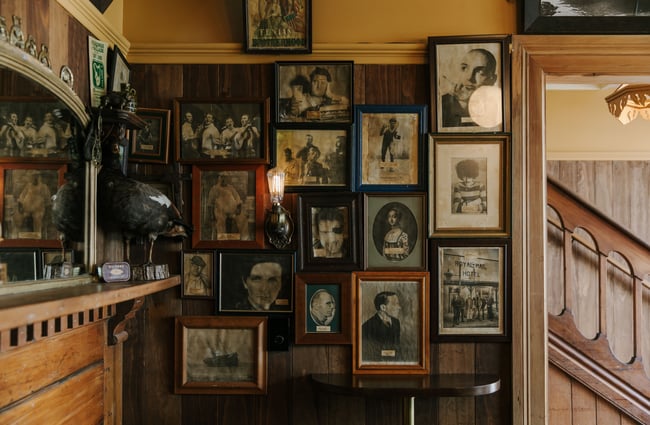 Collection of black and white photographs of famous Irish people at Paddy McNaughton's, Christchurch.