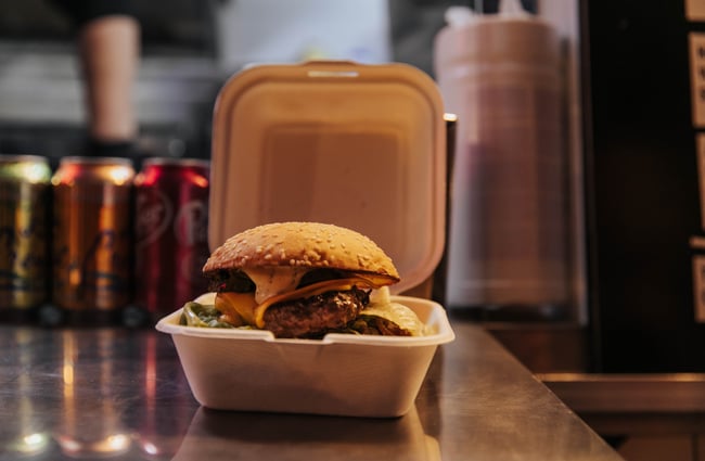 Close up of a burger.