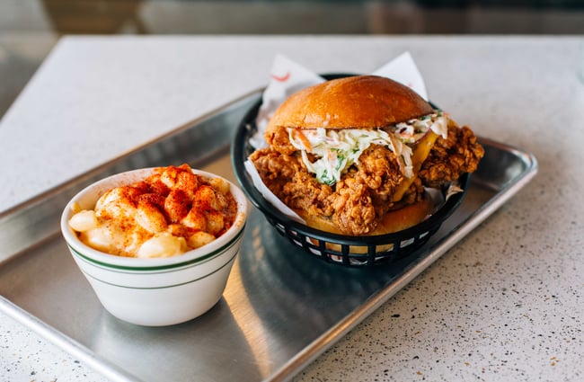 Chicken burger and side from Peach's Hot Chicken, Auckland.