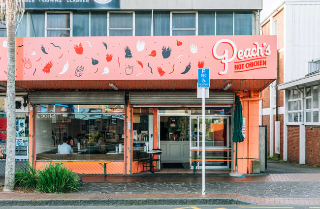 Exterior of  Peach's Hot Chicken, Auckland.