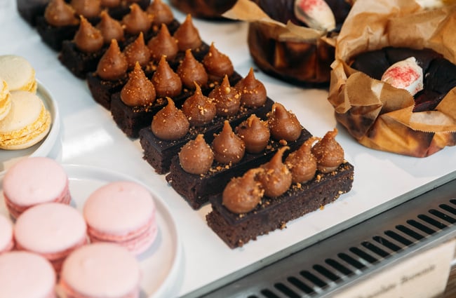 Close up of the pastries in the cabinet at Pembroke Pâtisserie, Wānaka.