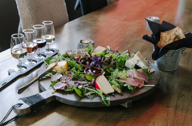 Antipasti platter on table at Pembroke Wines & Spirits, Wānaka.