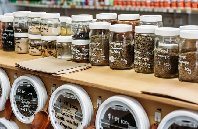 Refillery jars in the shop at Petal Bee Grocers.