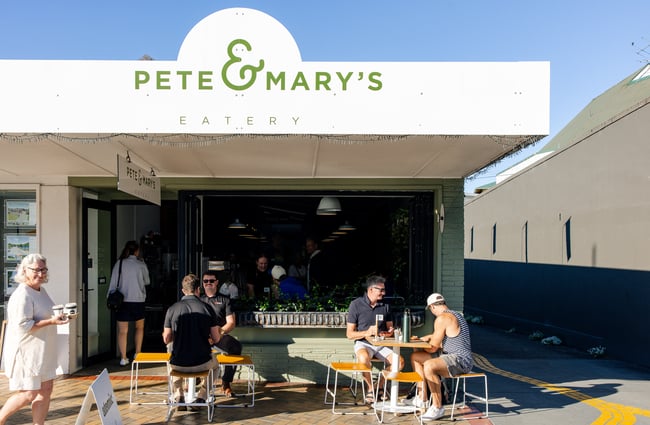 Diners sitting outside at Pete & Mary's Eatery.