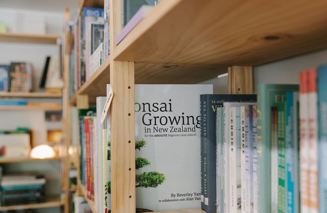 Close up on book about bonsai trees at Petronella's Gallery and Bookstore, Tekapo.