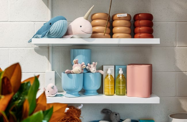 A close up of soft toys on shelves.