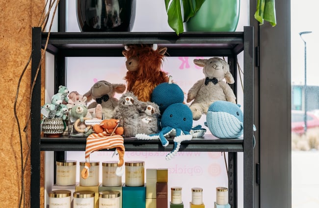 A close up of soft toys.
