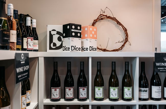 Wine bottles on display at Pinot Junction.