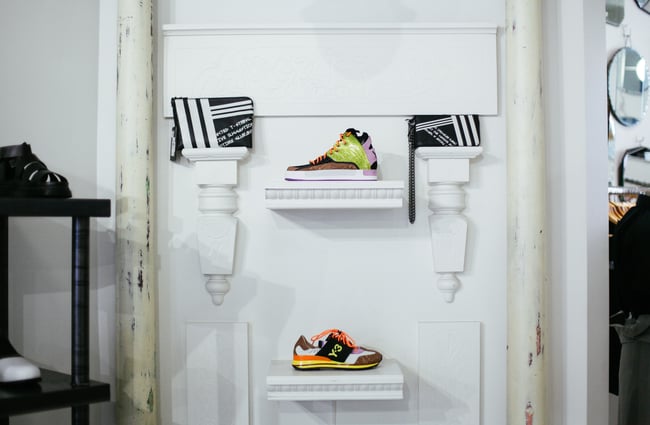 A pair of shoes on display.