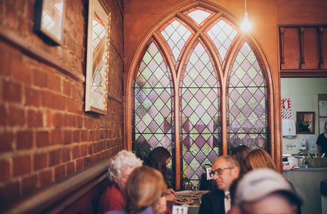 Stained glass window inside.