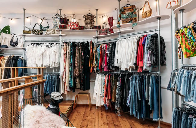 Racks of clothing on display at Preloved Charlies.