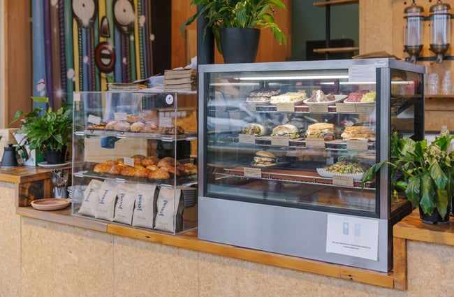 Close up of the food cabinet at Prima Roastery.