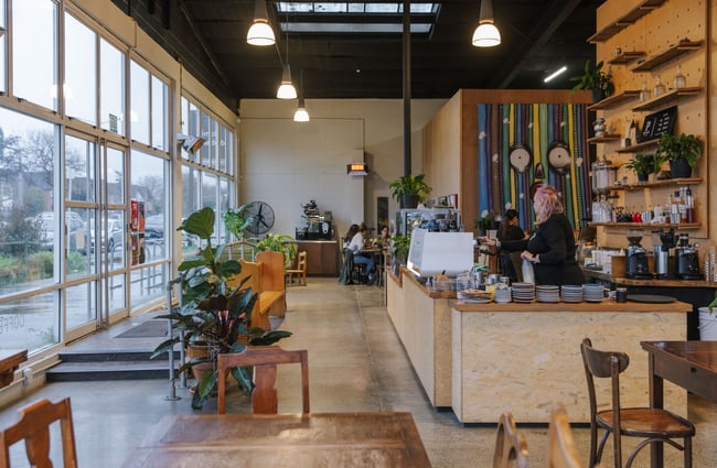 View of the cafe space at Prima Roastery.