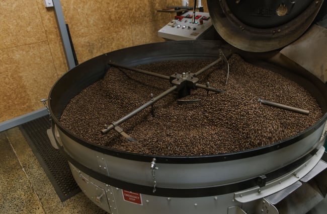 Coffee beans being roasted at Prima Roastery.