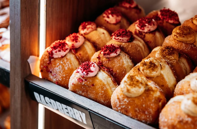 Close up of raspberry donuts at Puku Pies in Petone