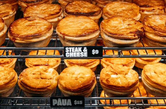 Close up of pies in cabinet at Puku Pies in Petone