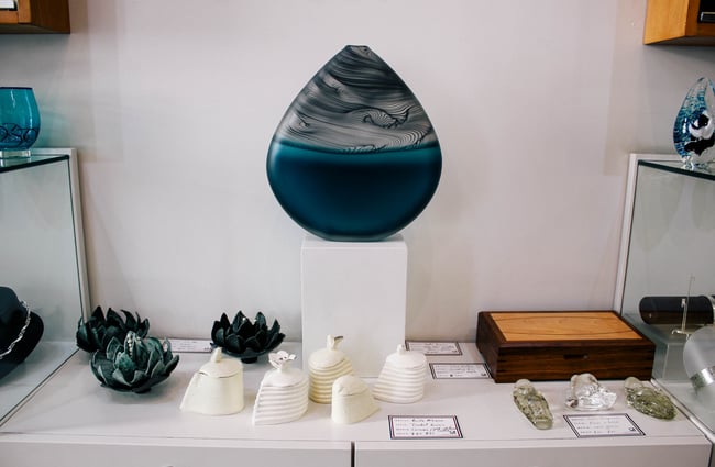 Glass artwork on display.
