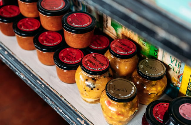 Jars of preserves at Queen Sally's Diamond Deli in Lyall Bay Wellington
