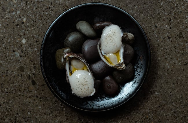 Oysters on black plate and stones at Rata restaurant in Queenstown