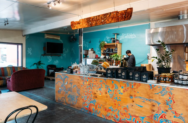 The blue painted interior of Raglan Roast Gisborne.