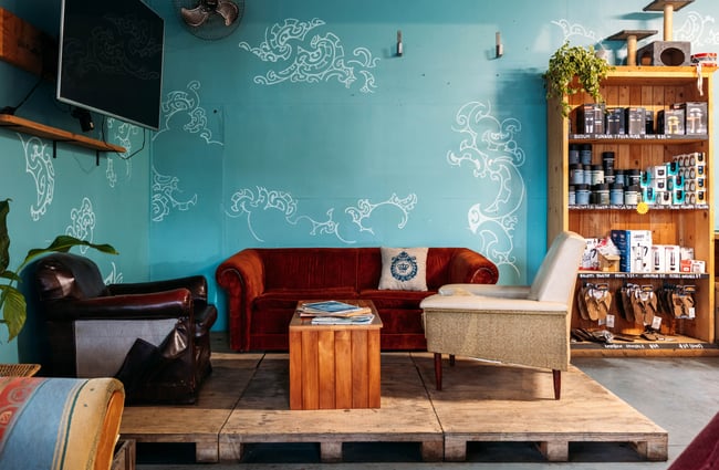 Old couches in a a cafe in Gisborne.