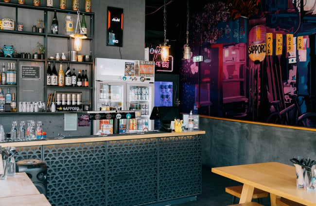 Counter and drinks area at Ramen Ria in Christchurch