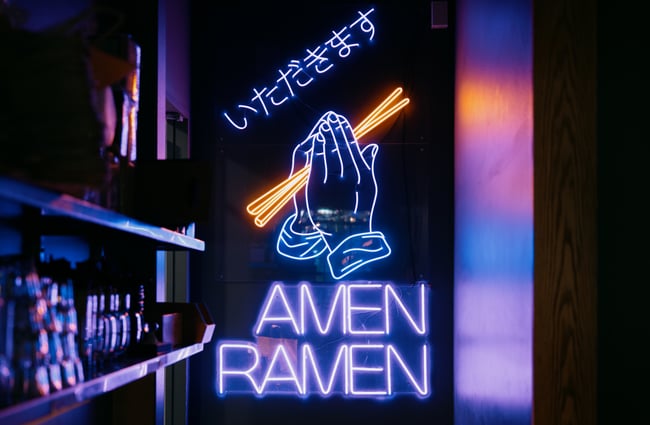 'Amen Ramen' neon sign at Ramen Ria in Christchurch