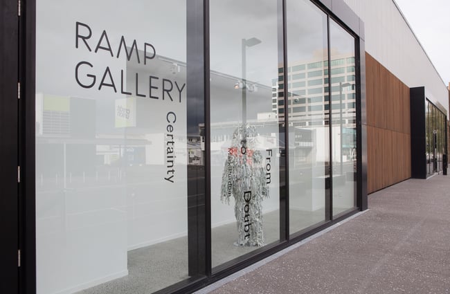 The outside display window at Ramp Gallery, Hamilton.