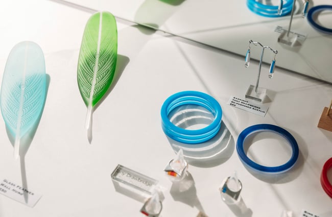 A close up of glass objects.